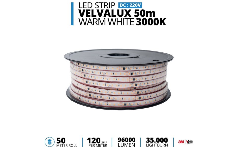 Velvalux Dimmable LED Strip 50 Meters Warm White 3000K Waterproof IP67