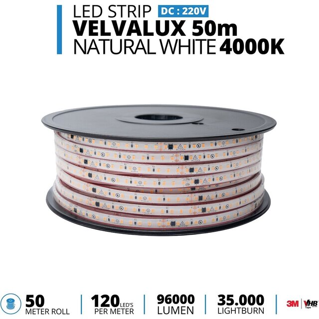Velvalux Dimbare LED Strip 50m - Natuurlijk Wit 4000K - Waterdicht IP67 Velvalux Dimbare LED Strip 50m - Natuurlijk Wit 4000K - Waterdicht IP67