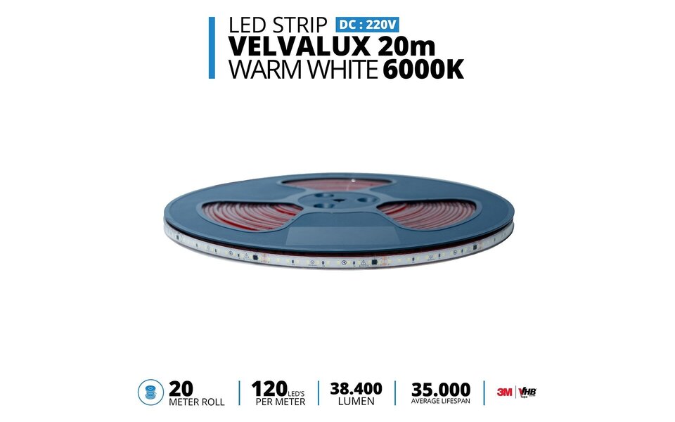 Velvalux Dimmable LED Strip 20m - Warm White 3000K - Waterproof & Dimmable
