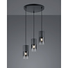 Zwarte LED hanglamp met drie ronde rookglazen lampenkappen en E27 fittingen modern design Zwarte LED hanglamp met drie ronde rookglazen lampenkappen en E27 fittingen modern design