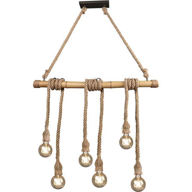 Moderne matbruine rechthoekige LED hanglamp met zes E27 fittingen en houten accenten