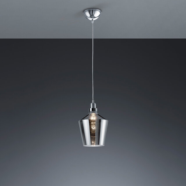 Ronde LED hanglamp met rookglas kap en glanzende chromen afwerking 60W modern design