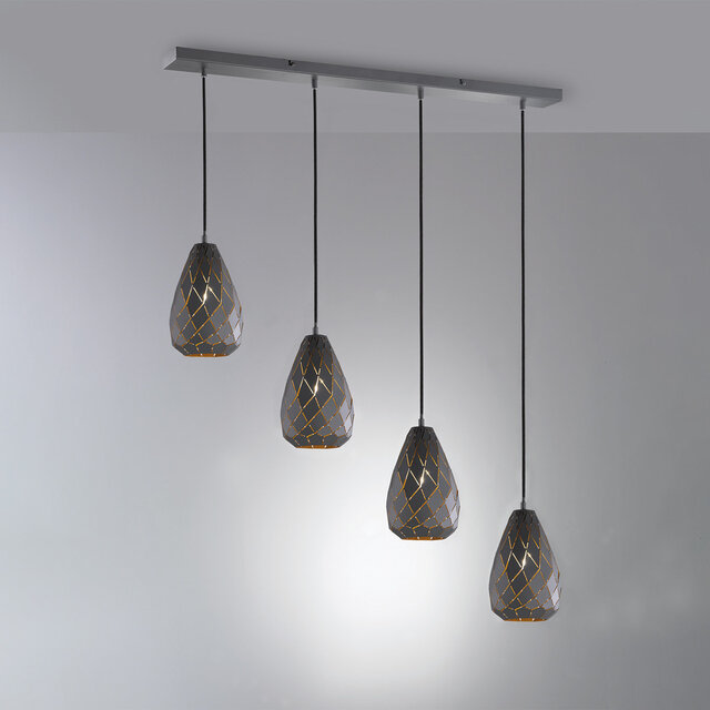 moderne 4-lichts LED hanglamp in mat antraciet aluminium met ronde lampenkappen en 42W vermogen moderne 4-lichts LED hanglamp in mat antraciet aluminium met ronde lampenkappen en 42W vermogen