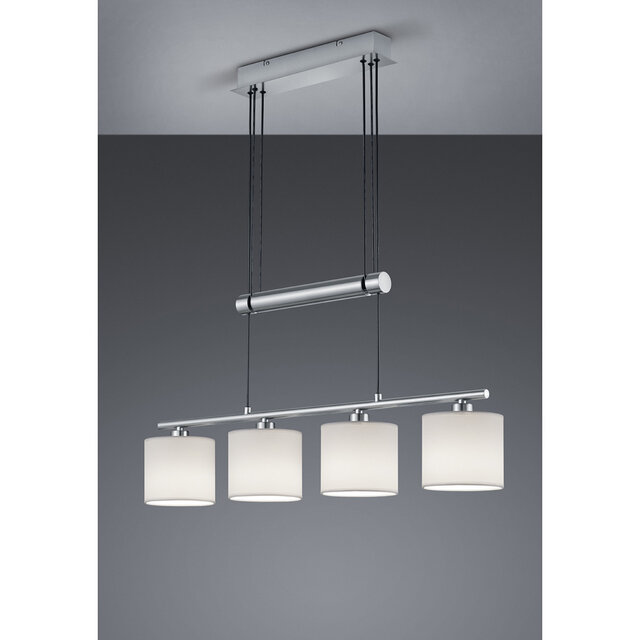 Moderne nikkelkleurige LED hanglamp met 4 lichtpunten en 28W vermogen Moderne nikkelkleurige LED hanglamp met 4 lichtpunten en 28W vermogen