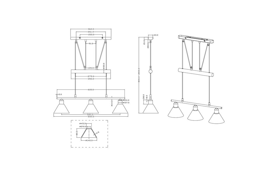 HLW LED LED Hanglamp Trion Stomun - 3-Lichts Rechthoek Mat Nikkel Aluminium