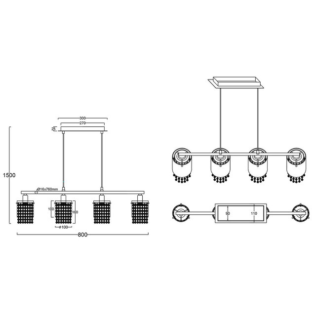 HLW LED LED Pendant Lamp Trion Pocino – 4-light, E14 fitting, matte chrome aluminum