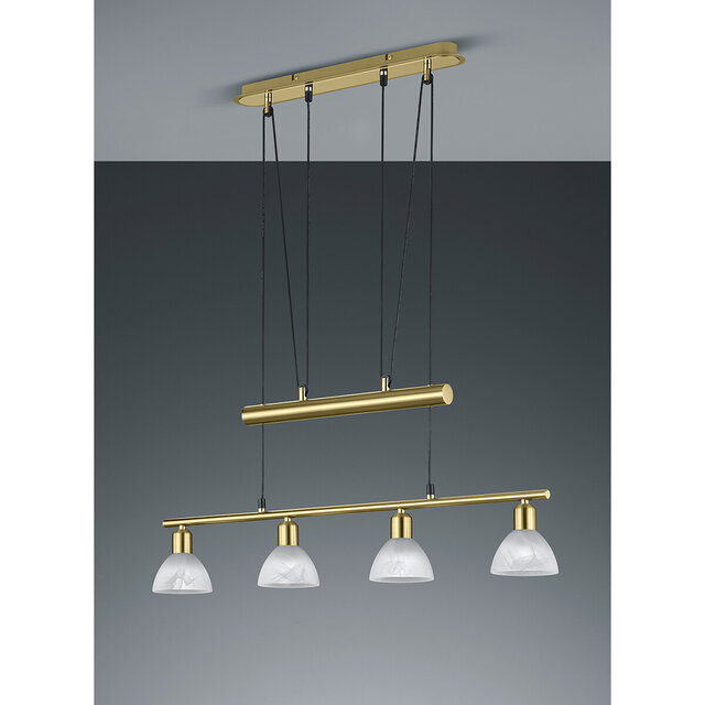 moderne mat gouden LED hanglamp met vier E14 fittingen en warm wit licht 3000K
