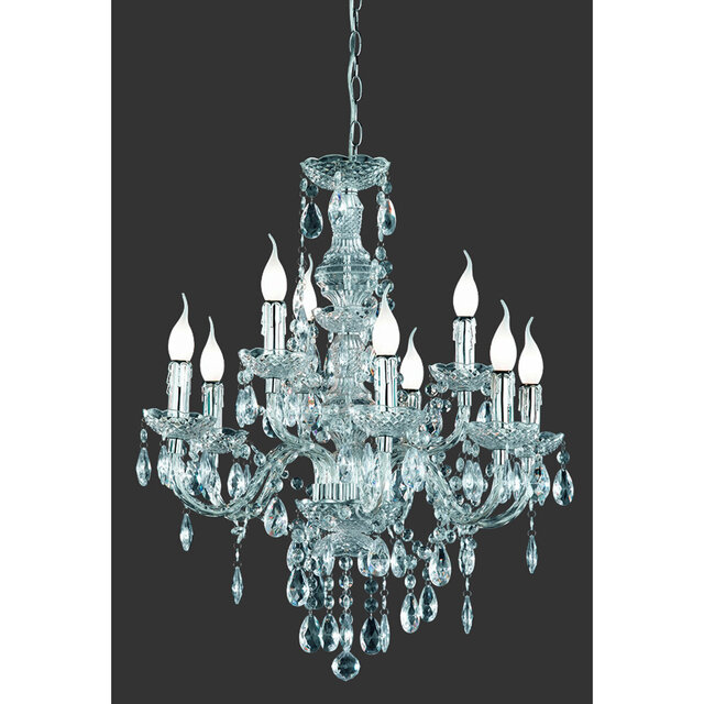 Moderne 9-lichts LED kroonluchter met mat chroom en transparante kap, E14 fitting, 40W vermogen