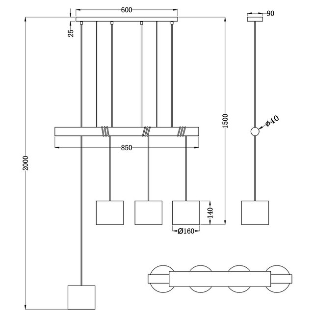 HLW LED LED Hanglamp Trion Oden - Mat Zwarte LED Hanglamp 4-lichts met E27 Fitting