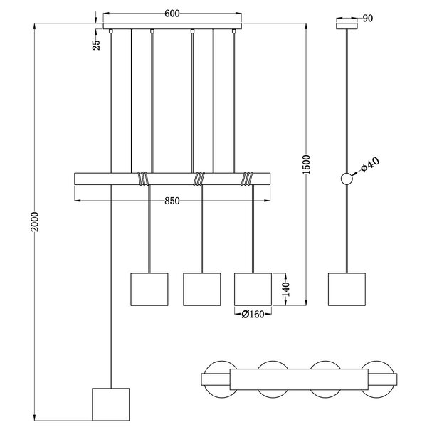 HLW LED LED Hanglamp Trion Oden - Mat Zwarte LED Hanglamp 4-lichts met E27 Fitting HLW LED LED Hanglamp Trion Oden - Mat Zwarte LED Hanglamp 4-lichts met E27 Fitting