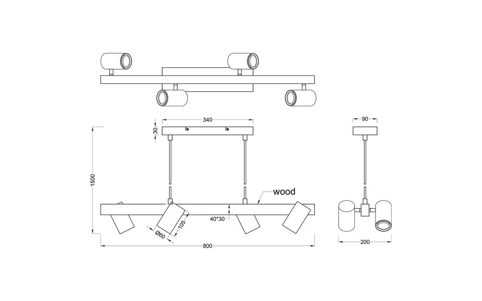 HLW LED LED Hanglamp Trion Milona - Zwarte LED Hanglamp, 4-lichts, GU10 fitting, modern design