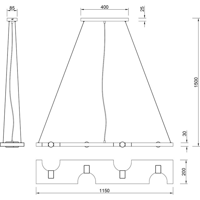 moderne LED hanglamp met 4 lichtpunten in antiek nikkel aluminium en 10W vermogen