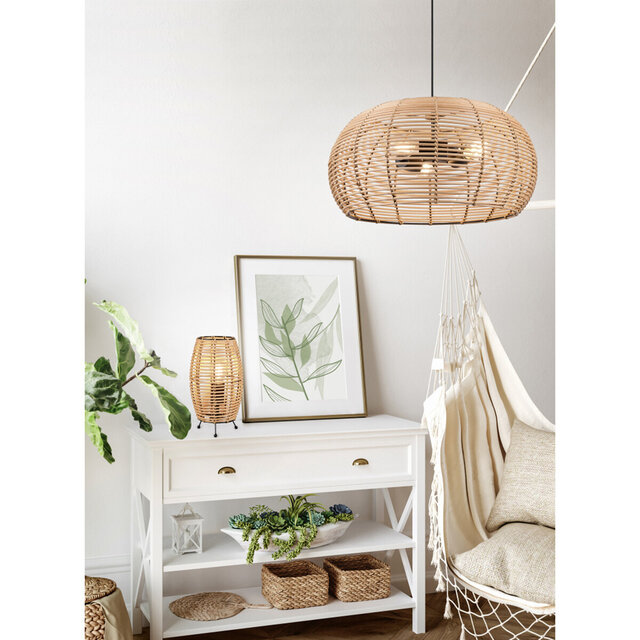 driearmige bruine houten LED hanglamp met moderne uitstraling en E27 fittingen