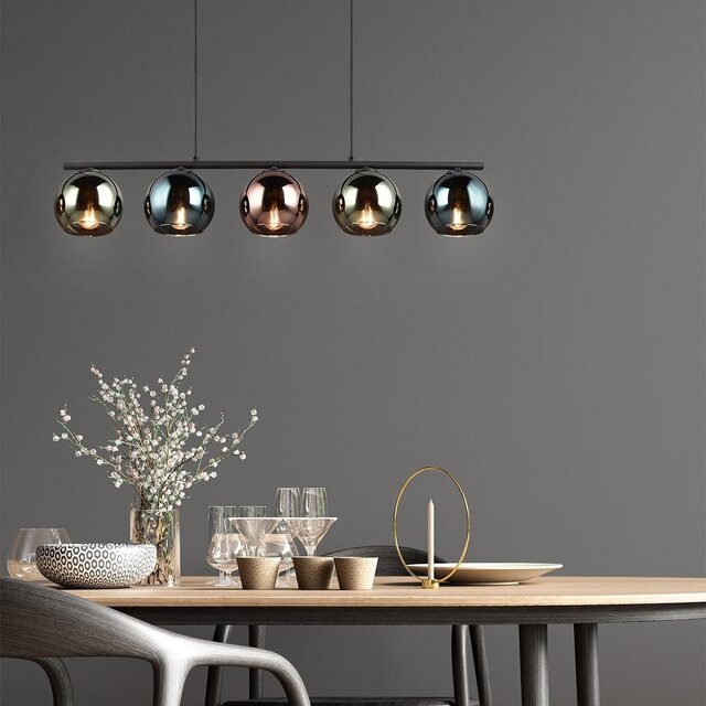 Zwarte modern vormgegeven LED hanglamp met vijf lichtpunten en multicolor glazen kappen, 10W vermogen