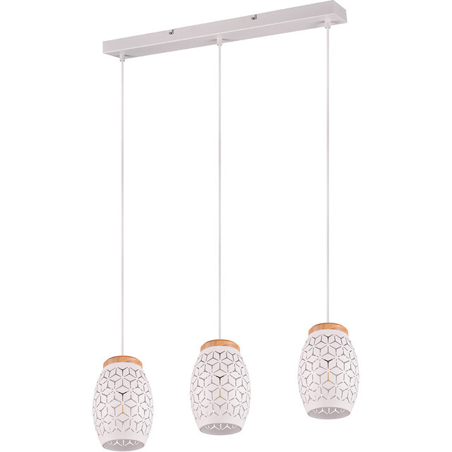 Moderne mat witte metalen LED hanglamp met drie E27 lichtpunten en 28W vermogen