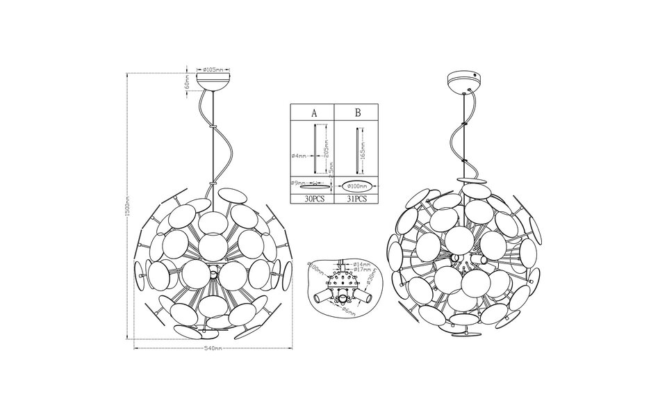 HLW LED Metal LED Pendant Lamp Trion Discon - Black LED Pendant Lamp, 6-light, Round, E14