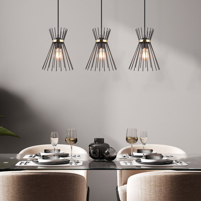 Metalen zwarte en gouden 3-lichts LED hanglamp met E27 fittingen en modern design Metalen zwarte en gouden 3-lichts LED hanglamp met E27 fittingen en modern design