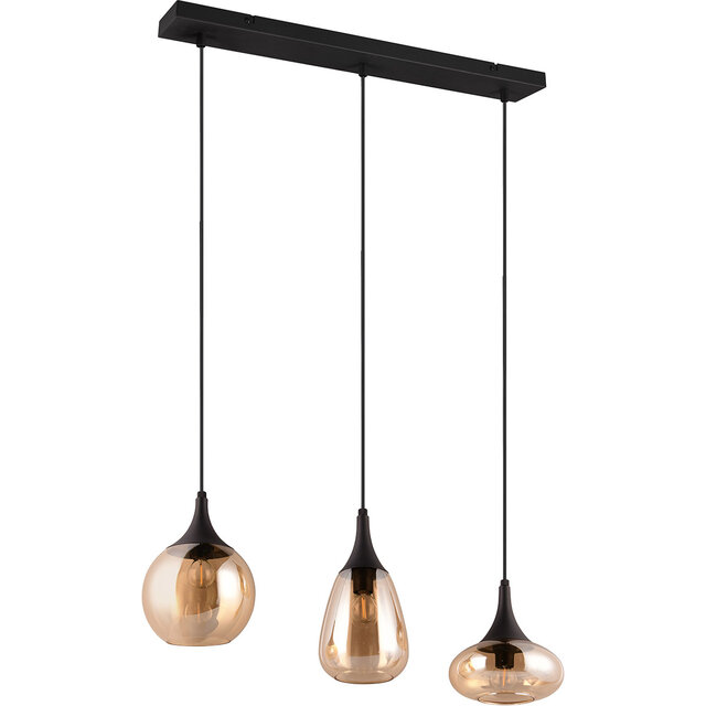 Zwarte metalen hanglamp met drie E14 LED-lichtbronnen en chroom accenten in modern design