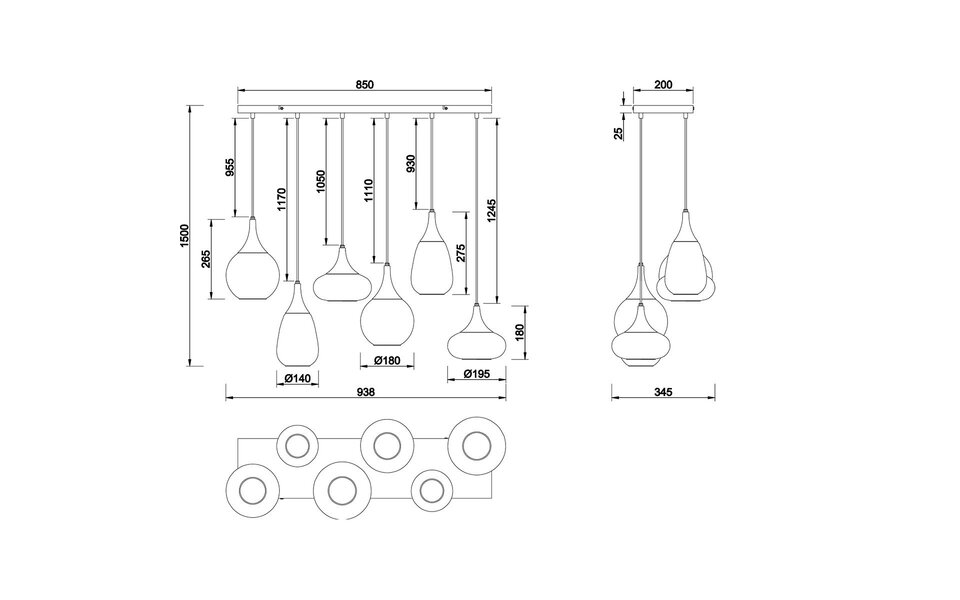 HLW LED Zwarte LED Hanglamp - Mat Zwarte Metalen LED Hanglamp 6-lichts E14