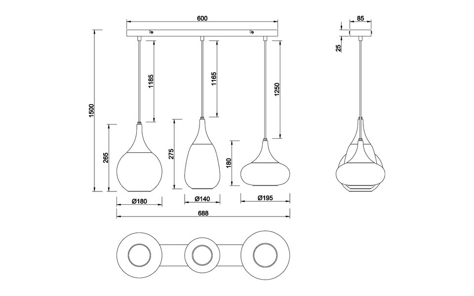 HLW LED Moderne Zwarte Metalen LED Hanglamp met 3 Lichtpunten en E14 Fitting