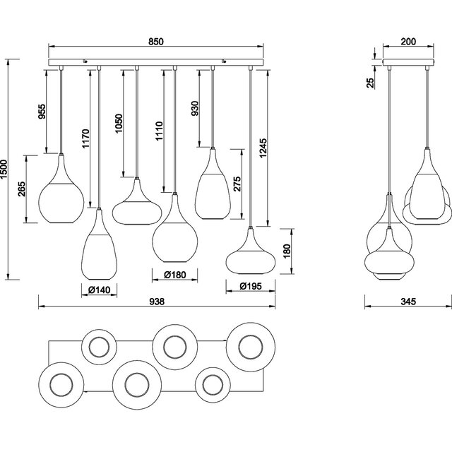 HLW LED LED Hanglamp Trion Artina - Mat Zwarte Metalen LED Hanglamp met 6 Lichtpunten