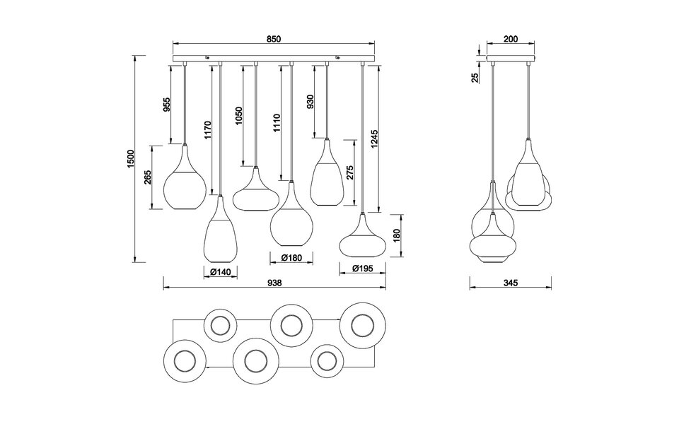 HLW LED LED Hanglamp Trion Artina - Mat Zwarte Metalen LED Hanglamp met 6 Lichtpunten