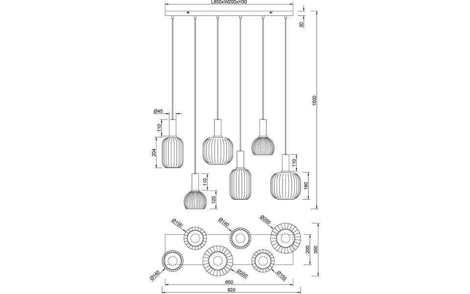 HLW LED Black Metal LED Pendant Lamp with Glass - 6x E27 LED Bulbs, Modern Design HLW LED Black Metal LED Pendant Lamp with Glass - 6x E27 LED Bulbs, Modern Design