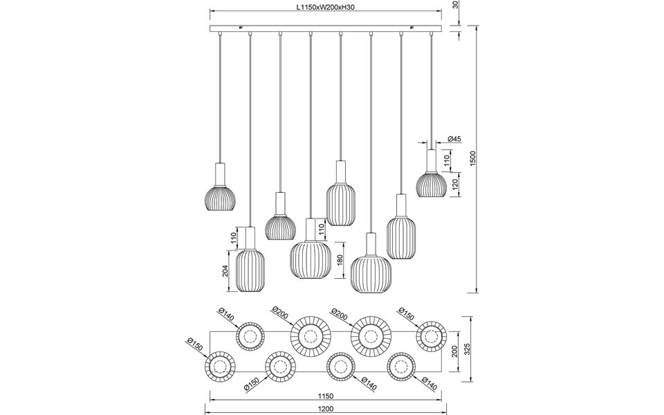 HLW LED Moderne Zwarte LED Hanglamp met Glas - Metalen LED Hanglamp Trion Pala 8x E27