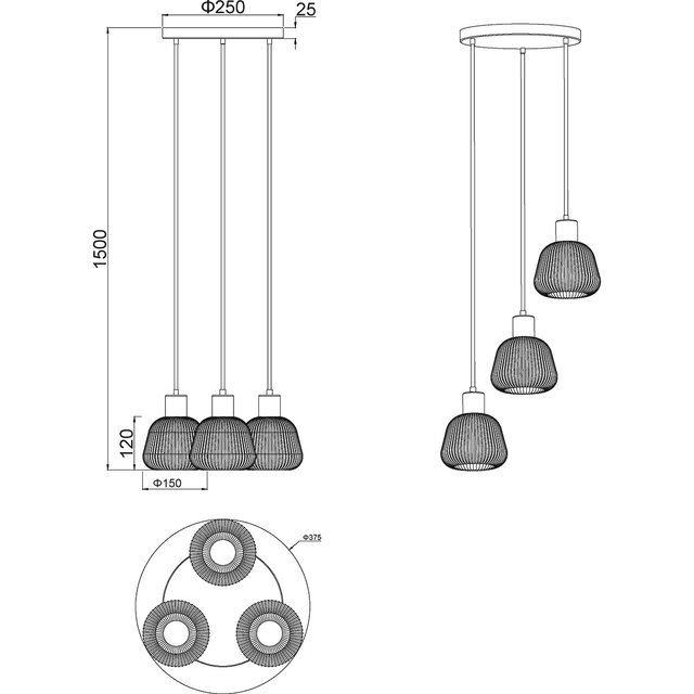 HLW LED Black Metal LED Pendant Lamp Trion Arif - 3-light, E27, Matte Black, Adjustable