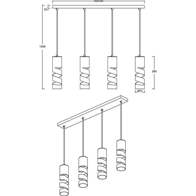 HLW LED Metalen LED Hanglamp Trion Meser - 4-lichts LED lamp met GU10 fitting, verstelbaar & energiezuinig
