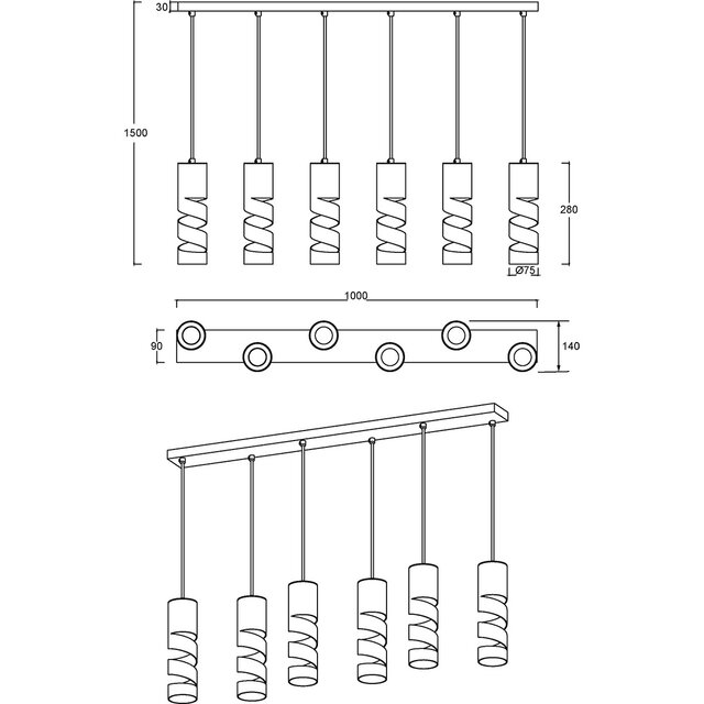 HLW LED LED Hanglamp Trion Meser - Zwarte Metalen LED Hanglamp 6-lichts, GU10, Verstelbaar HLW LED LED Hanglamp Trion Meser - Zwarte Metalen LED Hanglamp 6-lichts, GU10, Verstelbaar