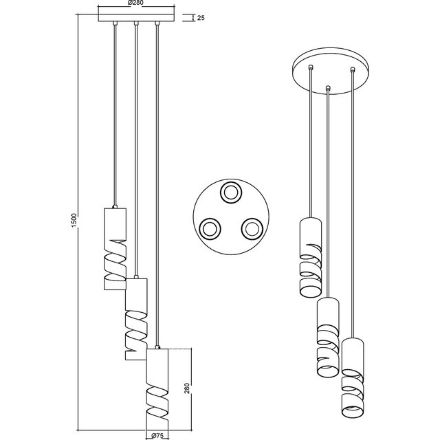 Moderne metalen LED hanglamp met drie GU10 lichtpunten in meerkleurig design en 10W vermogen