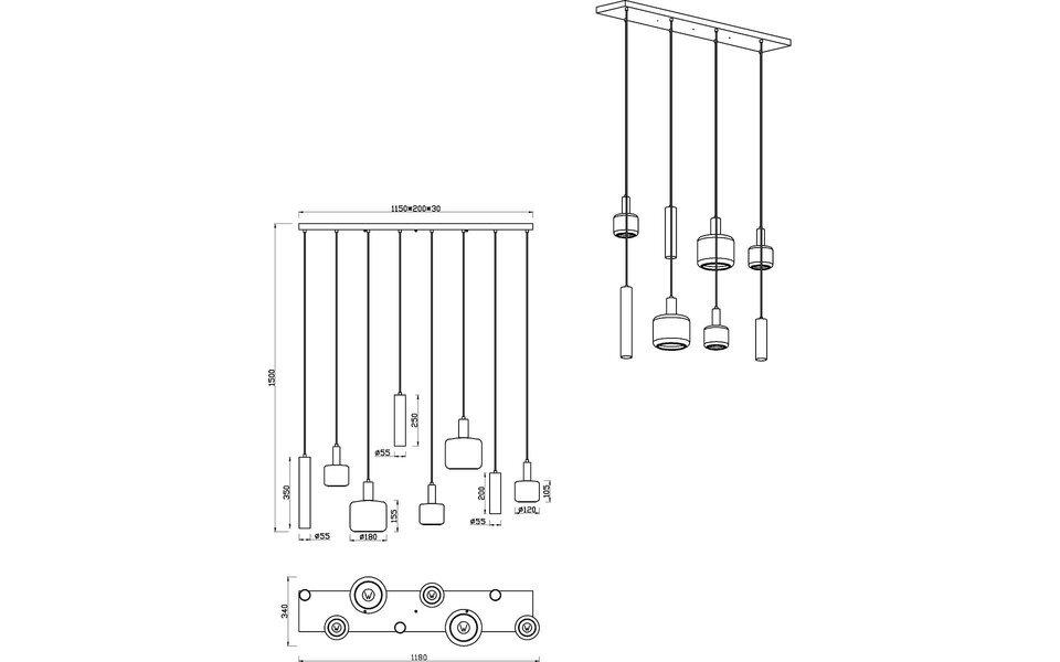 HLW LED Moderne zwarte LED hanglamp Trion Marat - 8-lichts metalen design HLW LED Moderne zwarte LED hanglamp Trion Marat - 8-lichts metalen design