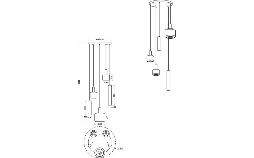 HLW LED Moderne Mat Zwarte Metalen LED Hanglamp Trion Marat - 5-lichts Rond IP20