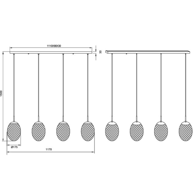 HLW LED Zwarte Metalen LED Hanglamp - 4-Lichts Rechthoekig Design met E27 Fitting