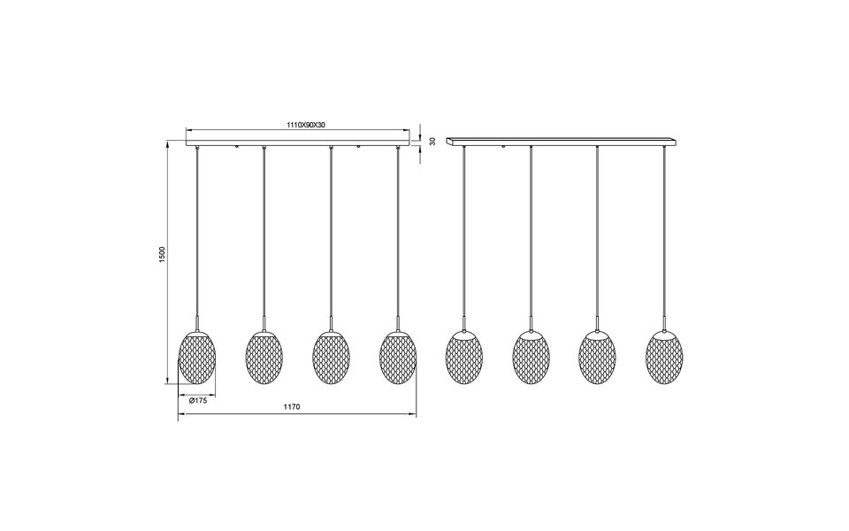 HLW LED Zwarte Metalen LED Hanglamp - 4-Lichts Rechthoekig Design met E27 Fitting