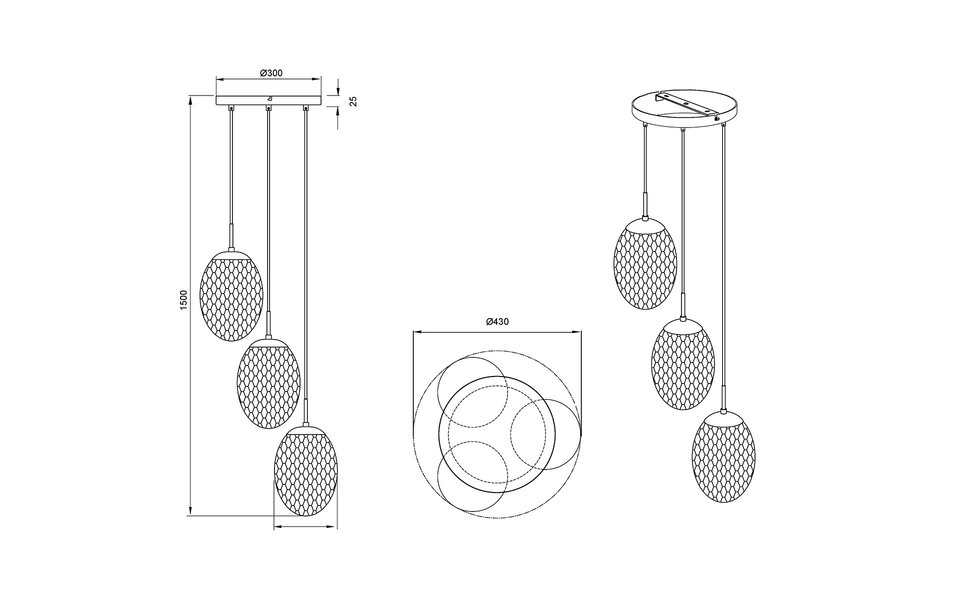 HLW LED Black Metal LED Pendant Lamp - 3-Light E27 Fitting, Matte Black, Trion Feget HLW LED Black Metal LED Pendant Lamp - 3-Light E27 Fitting, Matte Black, Trion Feget
