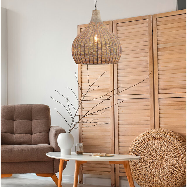 Ronde bruine LED hanglamp met jute afwerking en E27 fitting, modern design, 54 cm diameter, 10W vermogen Ronde bruine LED hanglamp met jute afwerking en E27 fitting, modern design, 54 cm diameter, 10W vermogen