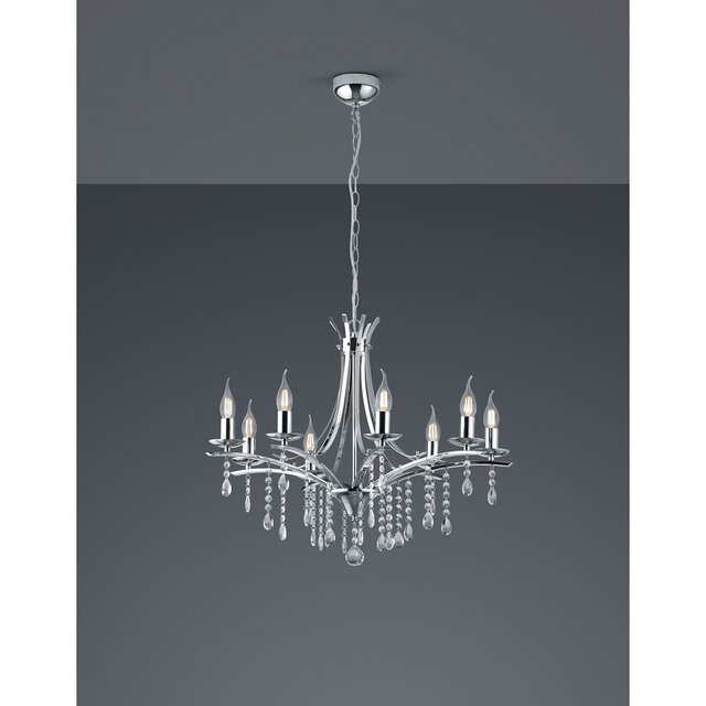 Moderne 8-lichts LED kroonluchter in mat chroom met E14 fittingen en 40W vermogen Moderne 8-lichts LED kroonluchter in mat chroom met E14 fittingen en 40W vermogen