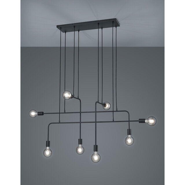 Zwarte moderne LED hanglamp met 8 E27 fittingen en 10W vermogen in rechthoekig design