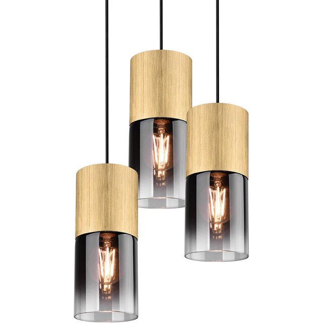 Drie-lichts LED hanglamp in mat gouden kleur met ronde kap en E27 fitting, modern design, 28W vermogen
