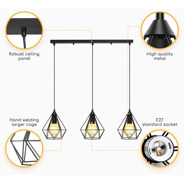 Zwarte LED hanglamp met drie lichtpunten en modern design, 60W vermogen