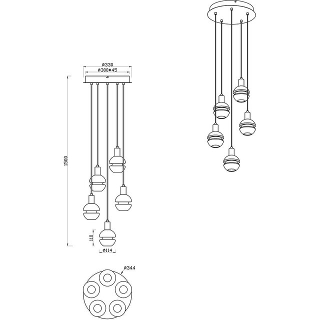 Zwarte moderne LED hanglamp met vijf lichtpunten en 25W vermogen