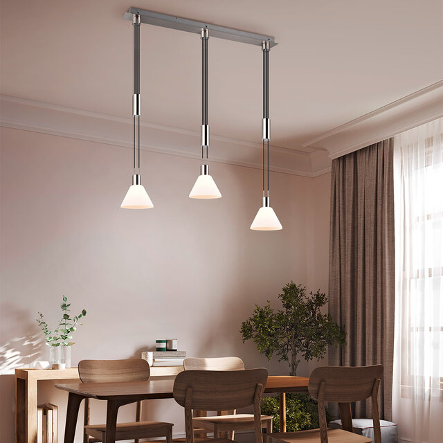 moderne ronde metalen LED hanglamp in mat nikkel met drie lichtbronnen en 40W vermogen