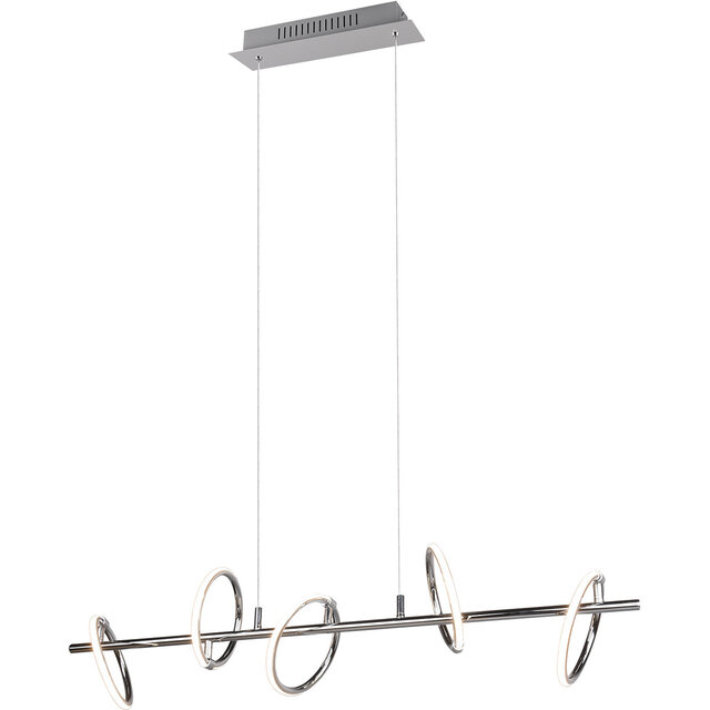 Moderne metalen LED hanglamp met vijf lichtpunten in chroom en warm wit licht Moderne metalen LED hanglamp met vijf lichtpunten in chroom en warm wit licht