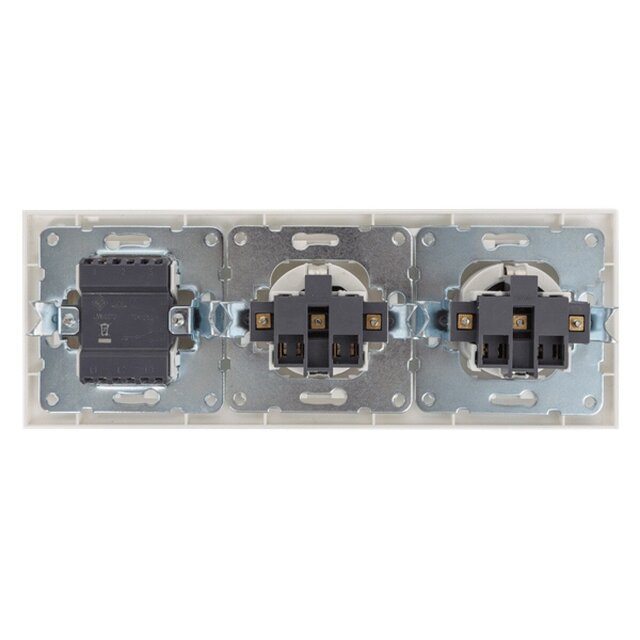 Witte geaarde wandcontactdoos met twee stopcontacten en enkele wisselschakelaar met één knop Witte geaarde wandcontactdoos met twee stopcontacten en enkele wisselschakelaar met één knop