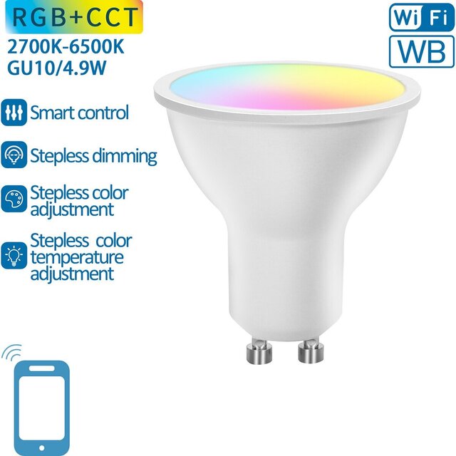 Witte slimme GU10 LED-spot met RGB kleuren en instelbare kleurtemperatuur 2700–6500K 4,9W 420 lumen Witte slimme GU10 LED-spot met RGB kleuren en instelbare kleurtemperatuur 2700–6500K 4,9W 420 lumen