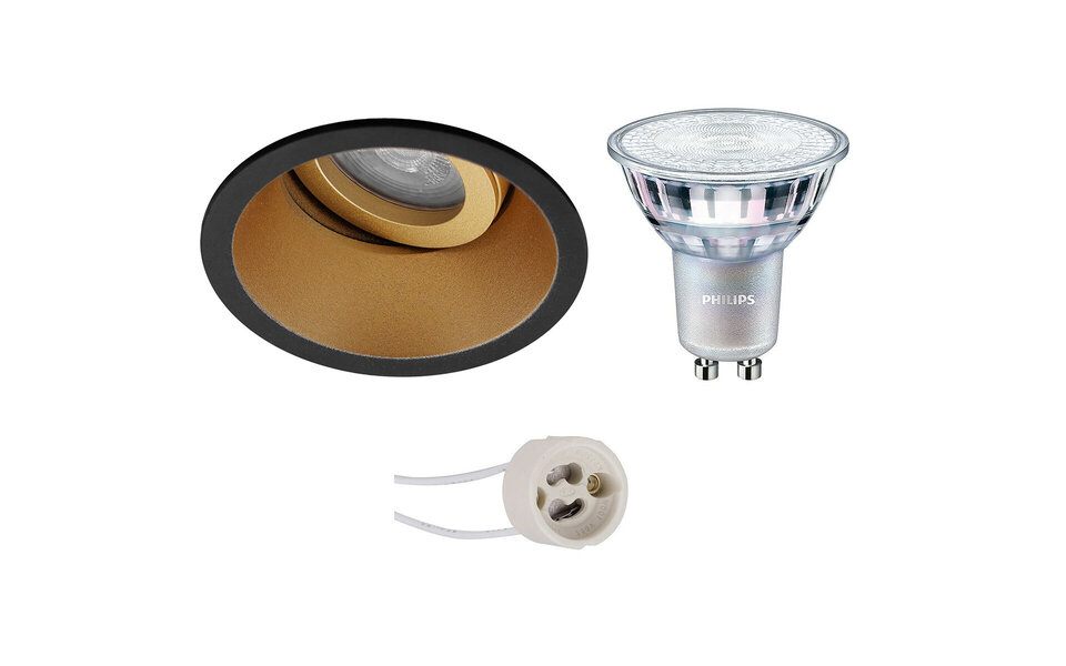 HLW LED Dimbare LED Spot Set - Kantelbare Ronde Inbouwspot Mat Zwart/Goud 9W LED