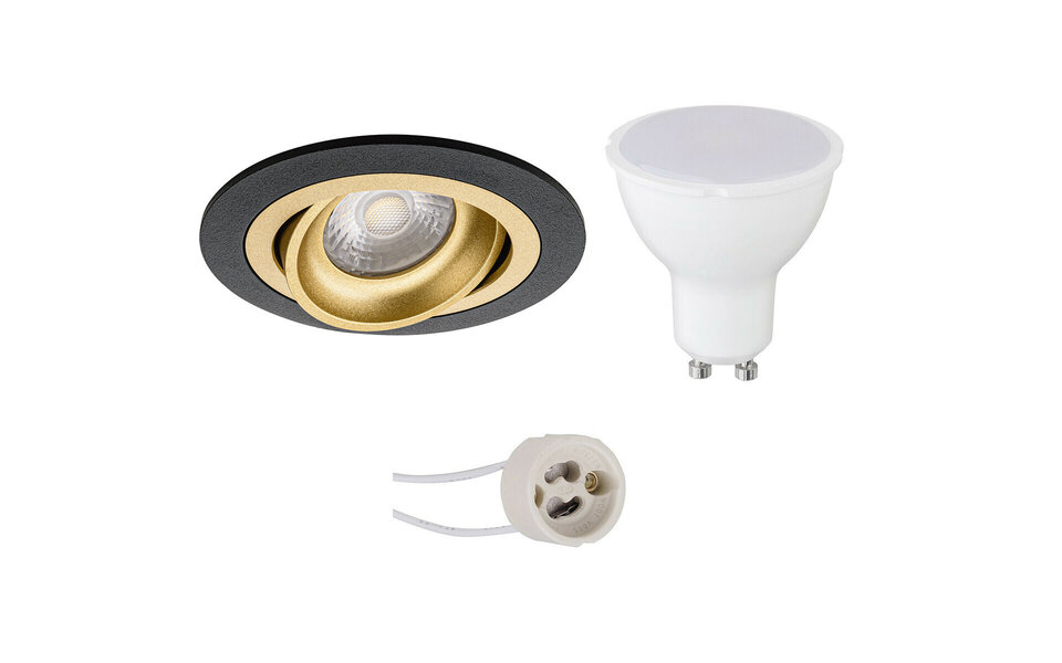 HLW LED LED Spot Set 6W - Kantelbare Ronde Inbouwspot Mat Zwart/Gouden Frame Warm Wit