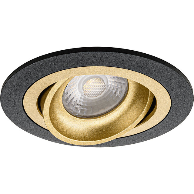 Kantelbare LED inbouwspot 8W met GU10 fitting mat zwart en goudkleurige rand, koel wit licht 6400K